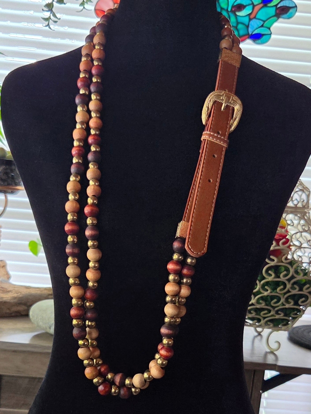 Brown Wood Beaded Belt With Gold Accents - Picture 2 of 5